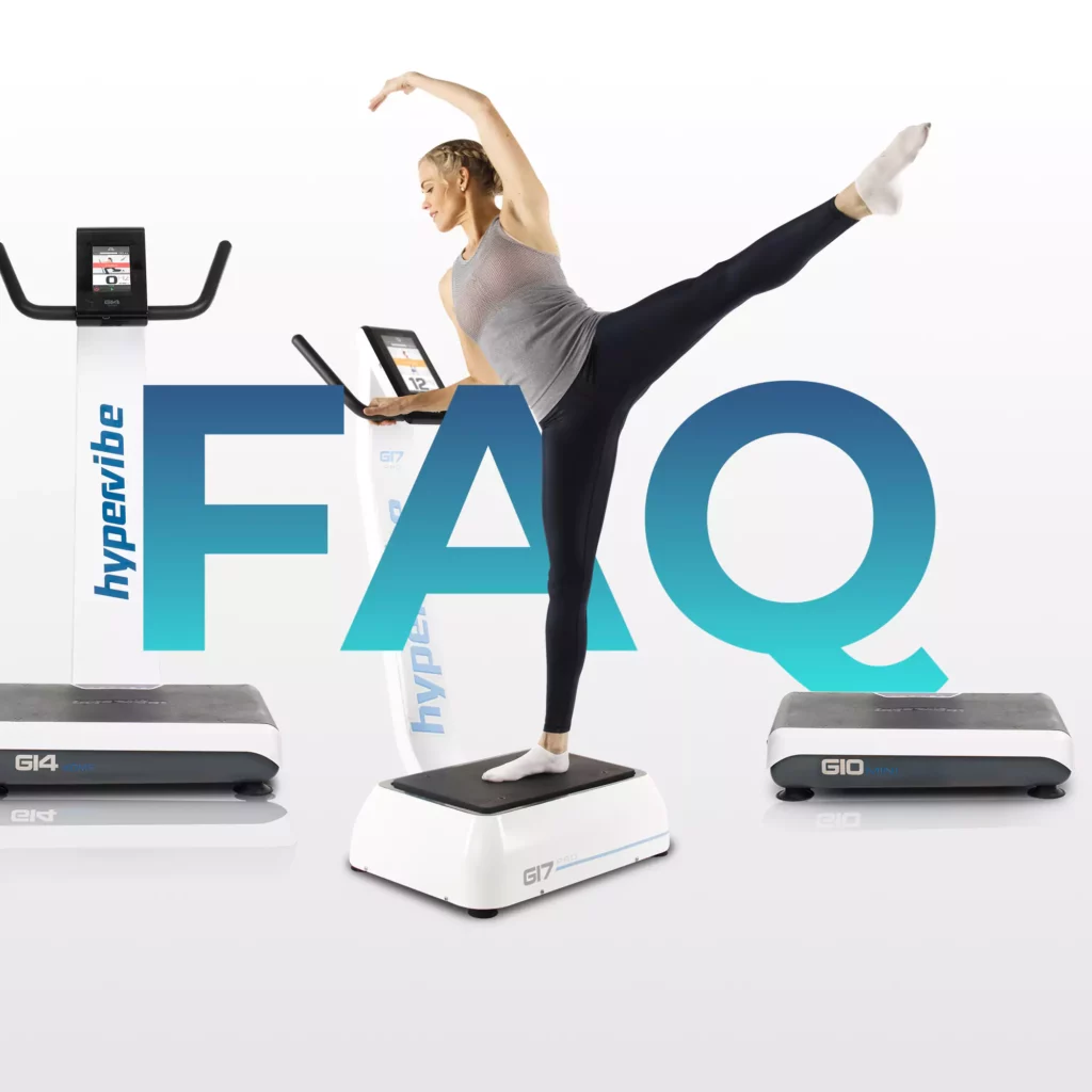 woman on a hypervibe vibration platform with the word FAQ