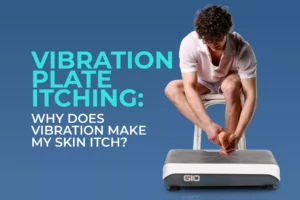 A man with one leg on a vibration plate scratching his foot