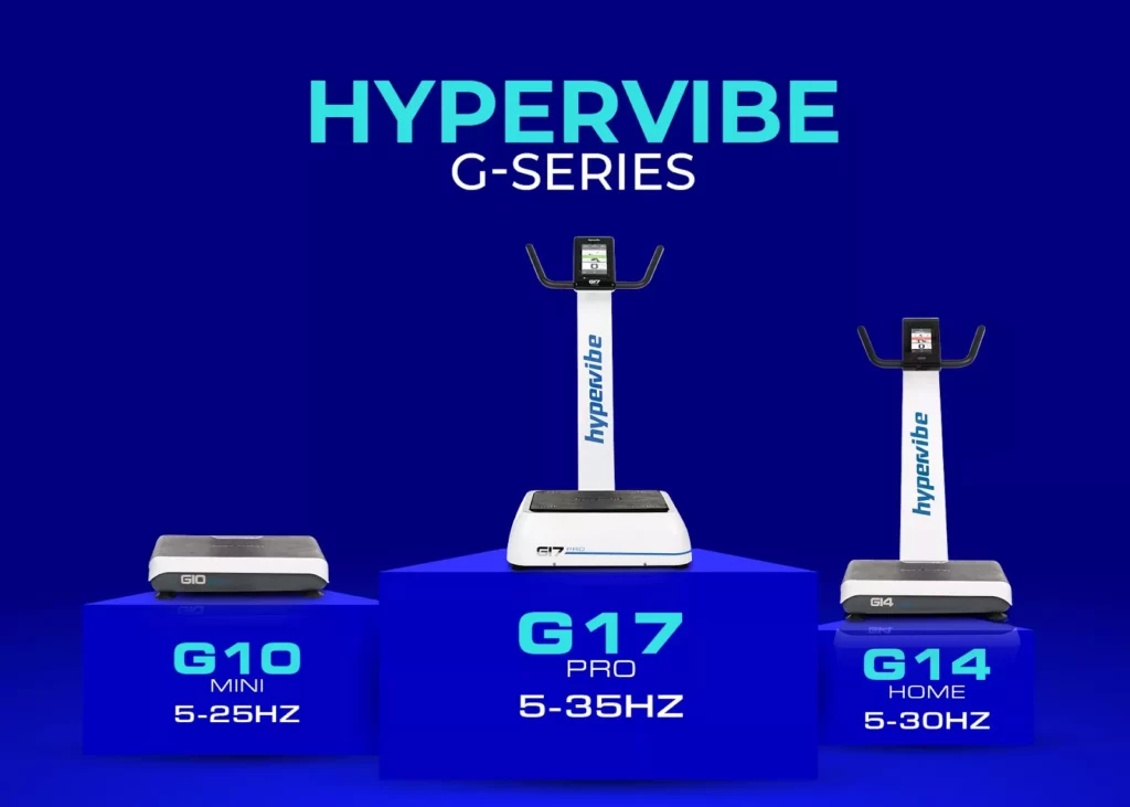 hypervibe g series whole body vibration machines Image of the Hypervibe G-Series vibration machines including the G10 Mini, G17 Pro, and G14 Home models with their frequency ranges.