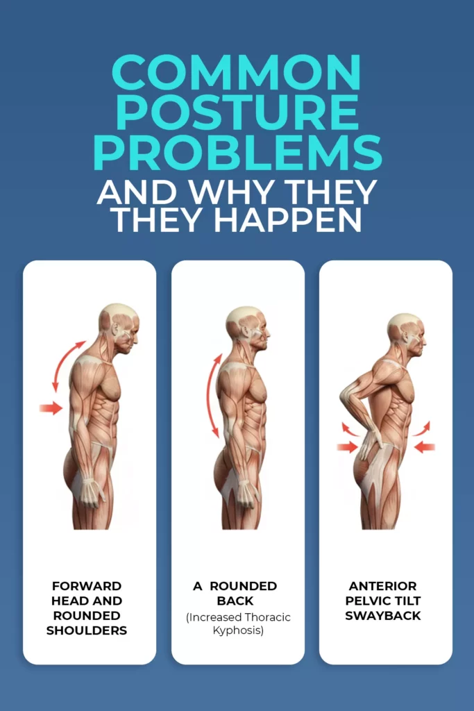common posture problems infographic Infographic titled “Common posture problems and why they happen” with muscle-figure illustrations of forward head and rounded shoulders, a rounded back, and anterior pelvic tilt swayback.