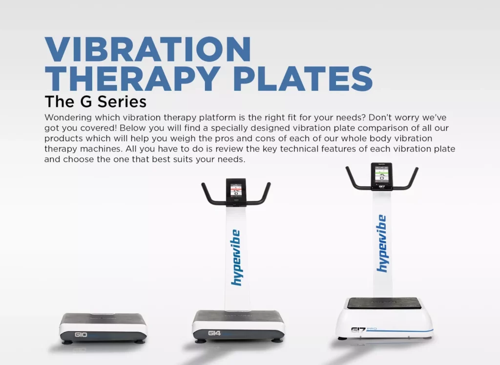 vibration therapy plates g series hypervibe.webp Hypervibe G Series vibration therapy plates including G10 Mini, G14 Home, and G17 Pro models