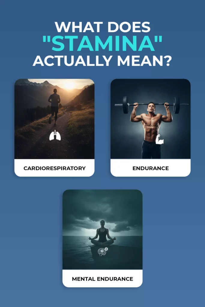 what does stamina mean cardio endurance mental Graphic explaining stamina with cardiorespiratory, endurance, and mental endurance examples