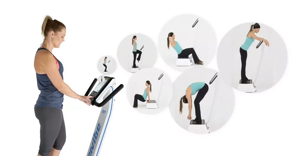 whole body vibration exercise positions Woman demonstrating multiple exercises on a whole body vibration machine