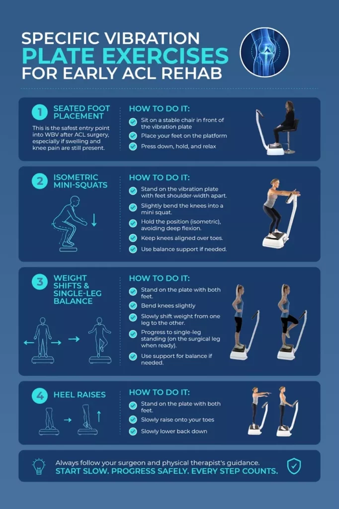 early acl rehab vibration plate exercises Infographic chart demonstrating four specific vibration plate exercises for early ACL rehab: seated foot placement, isometric mini-squats, weight shifts and single-leg balance, and heel raises.